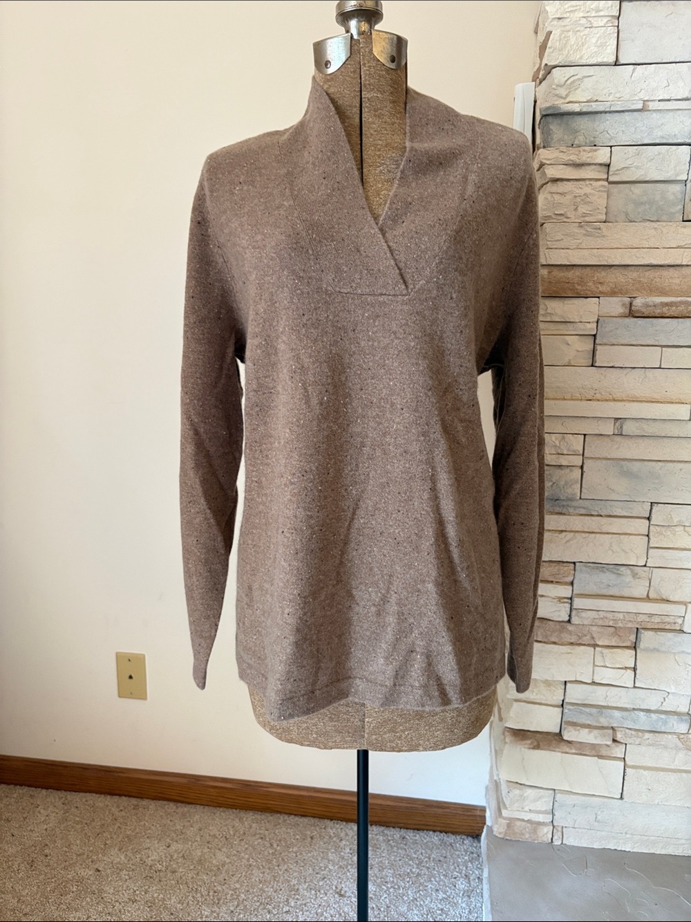 Cashmere Lands EndBrown Shawl Neck Long Sleeve Women's Sweater